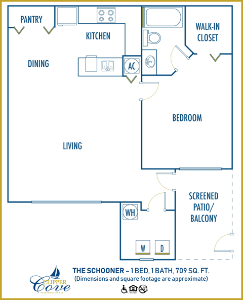 One bedroom floor plan at Clipper Cove, Florida, 33616
